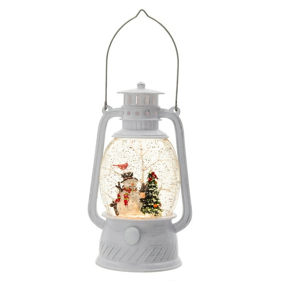 4.7x4.7x8.3"H Christmas Plastic/Resin White Lantern With Snowman & Tree Led/Water Spinning/6 Hours Timer, 3*AA Batteries Required