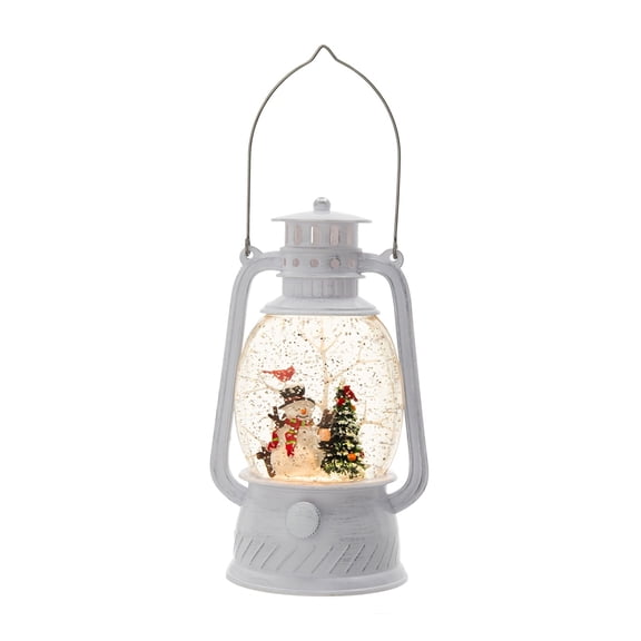 4.7x4.7x8.3"H Christmas Plastic/Resin White Lantern With Snowman & Tree Led/Water Spinning/6 Hours Timer, 3*AA Batteries Required