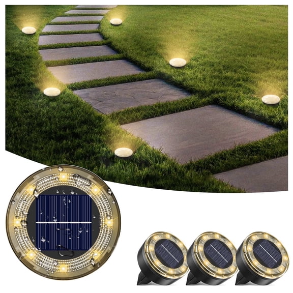 4 Pack Solar Mini Ground Lights Outdoor - 8 LED Disc Lights with Flat Design IP44, Solar-Powered Pathway Lights for Garden, Lawn, Patio, Yard, Path & Landscape ( Warm White)