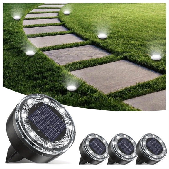 4 Pack Solar Mini Ground Lights Outdoor - 8 LED Disc Lights with Flat Design IP44, Solar-Powered Pathway Lights for Garden, Lawn, Patio, Yard, Path & Landscape ( Cool White)