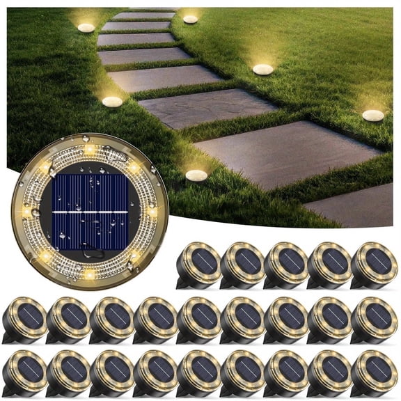 24 Pack Solar Mini Ground Lights Outdoor - 8 LED Disc Lights with Flat Design IP44, Solar-Powered Pathway Lights for Garden, Lawn, Patio, Yard, Path & Landscape ( Warm White)