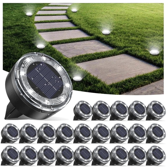 24 Pack Solar Mini Ground Lights Outdoor - 8 LED Disc Lights with Flat Design IP44, Solar-Powered Pathway Lights for Garden, Lawn, Patio, Yard, Path & Landscape ( Cool White)