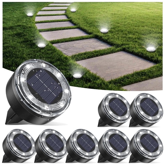 8 Pack Solar Mini Ground Lights Outdoor - 8 LED Disc Lights with Flat Design IP44, Solar-Powered Pathway Lights for Garden, Lawn, Patio, Yard, Path & Landscape ( Cool White)