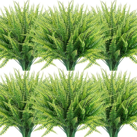 4/8/12 Bundles Artificial Plants, Fake Boston Fern Greenery Outdoor UV Resistant No Fade Faux Plastic Plants for Garden Porch Window Box Decorating