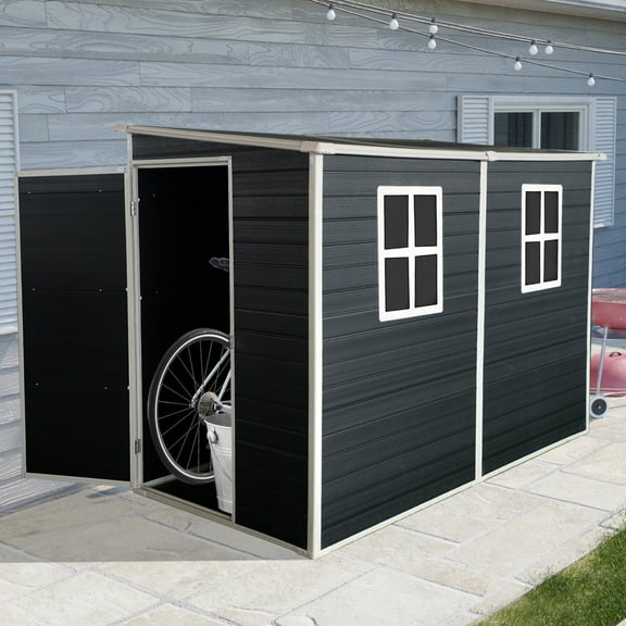4×8 FT Resin Outdoor Storage Shed with Floor, Weather Resistant Tool Shed with Lockable Door, Air Vent and Windows, Garden Cabinet Organization for Patio Backyard Lawn, Black