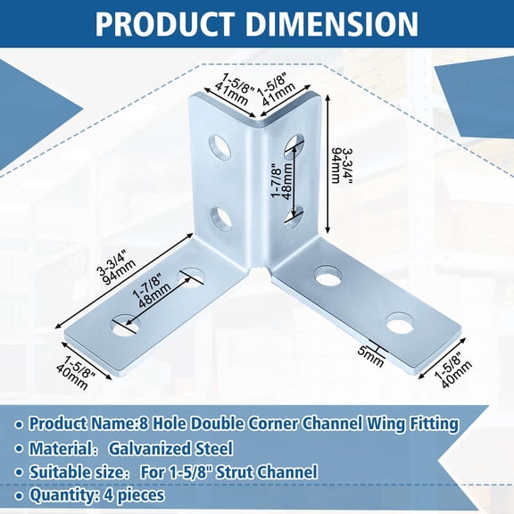 4 8 Hole Double Corner Wing Fitting, Galvanized Steel 90 Degree Angle Bracket for 1/2 Inch Bolt, Fits 1-5/8 Inch Strut