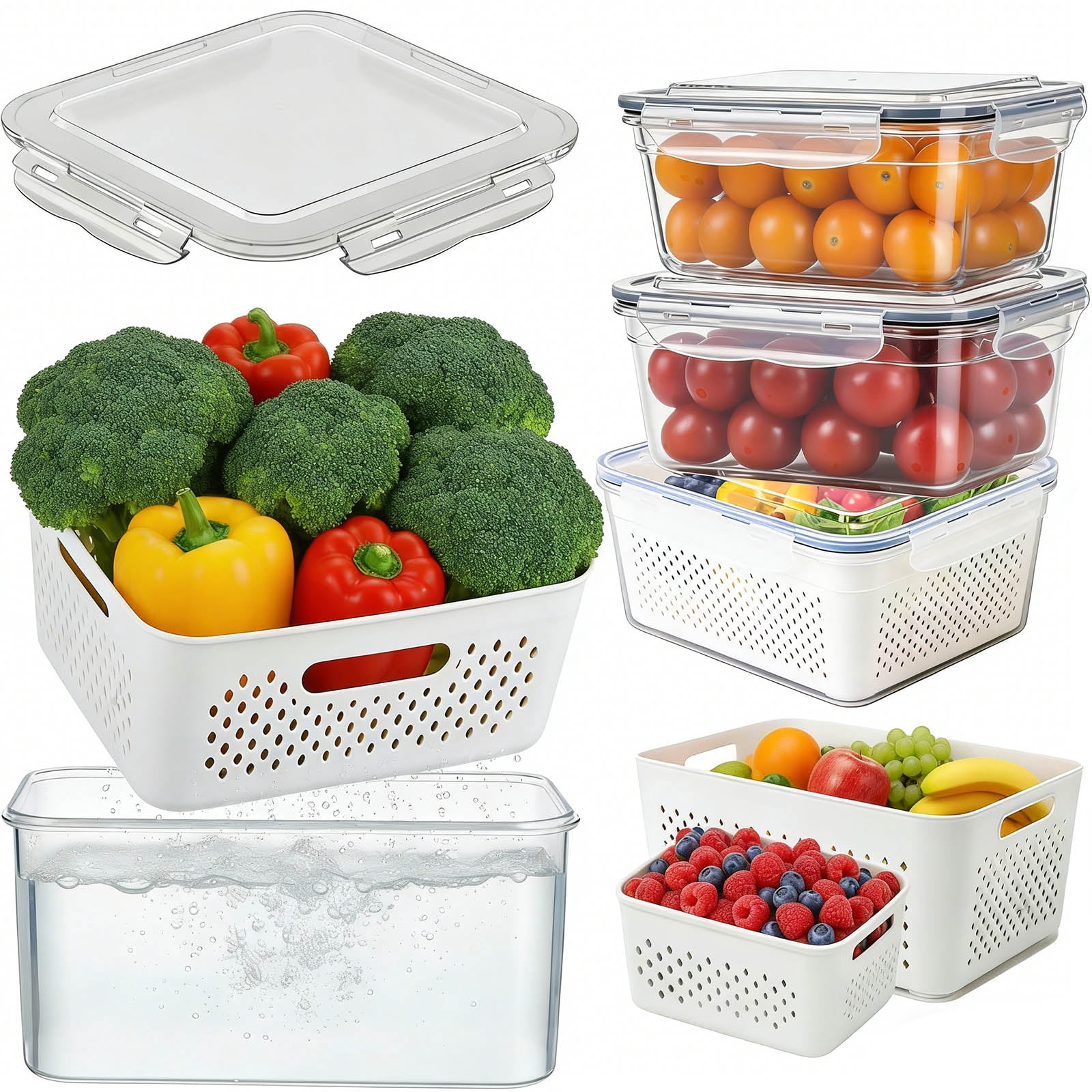 4/8 PCSFood Storage Containers For Fridge With Removable Colander, Leak Proof Refrigerator Organizers for Vegetable Produce, Keep Berry Fruits Food Fresh Longer