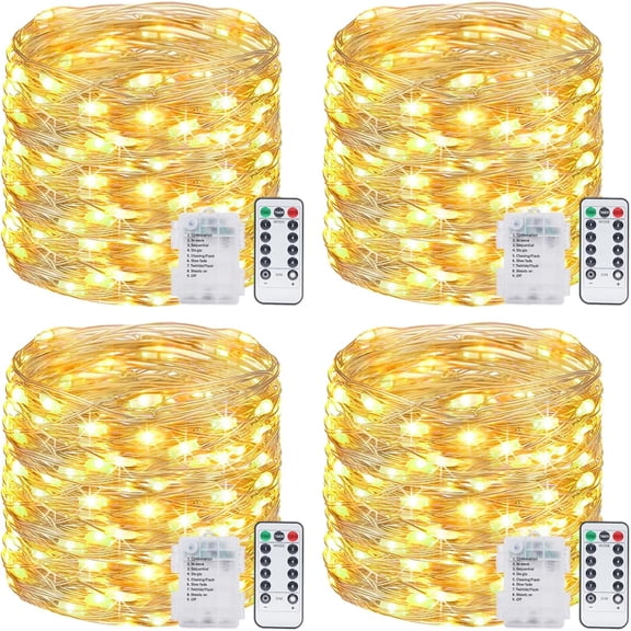 4/8 Pack Fairy Lights Battery Operated with Remote, Each 39Ft 120LED Battery Powered String Lights with Timer, 8 Modes Waterproof Twinkle Christmas Lights for Bedroom Party Indoor Mason, Warm White
