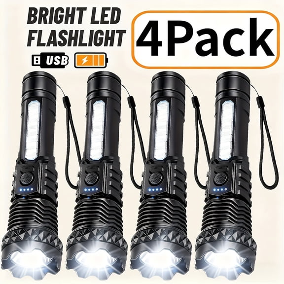 4/8-Pack Rechargeable LED Flashlights, High Lumens Zoomable, 6 Modes with Clip, USB Charging Cable, for Emergency Power Outage Camping Hiking Hurricane
