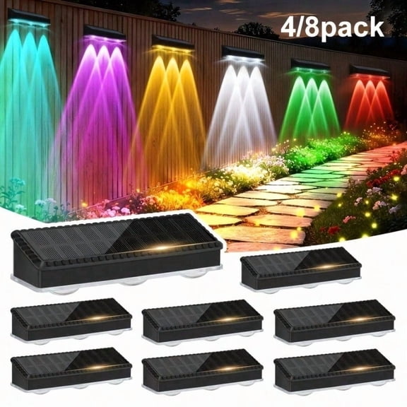 4/8 Pack-Solar Fence Lights Outdoor Waterproof High Brightness Upgraded 3 LED Lens Solor Deck Lights Warm & Cool White RGB Outside Solar Powered Wall Light for Backyard Patio Step Railing