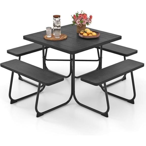 4-8 Person Square Picnic Table Bench Set with Umbrella Hole, Outdoor Camping Table with HDPE Material and Sturdy Metal Frame for Patio, Garden and Backyard, Black
