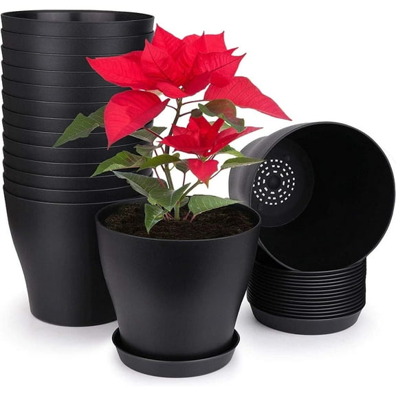 4.8 inch Plastic Planters, Indoor Plant Flower Succulent Pots, Gardening Containers with Drainage and Saucer for Home Decoration and Seeding Nursery (Set of 8 Pots and 8 Trays/Black)
