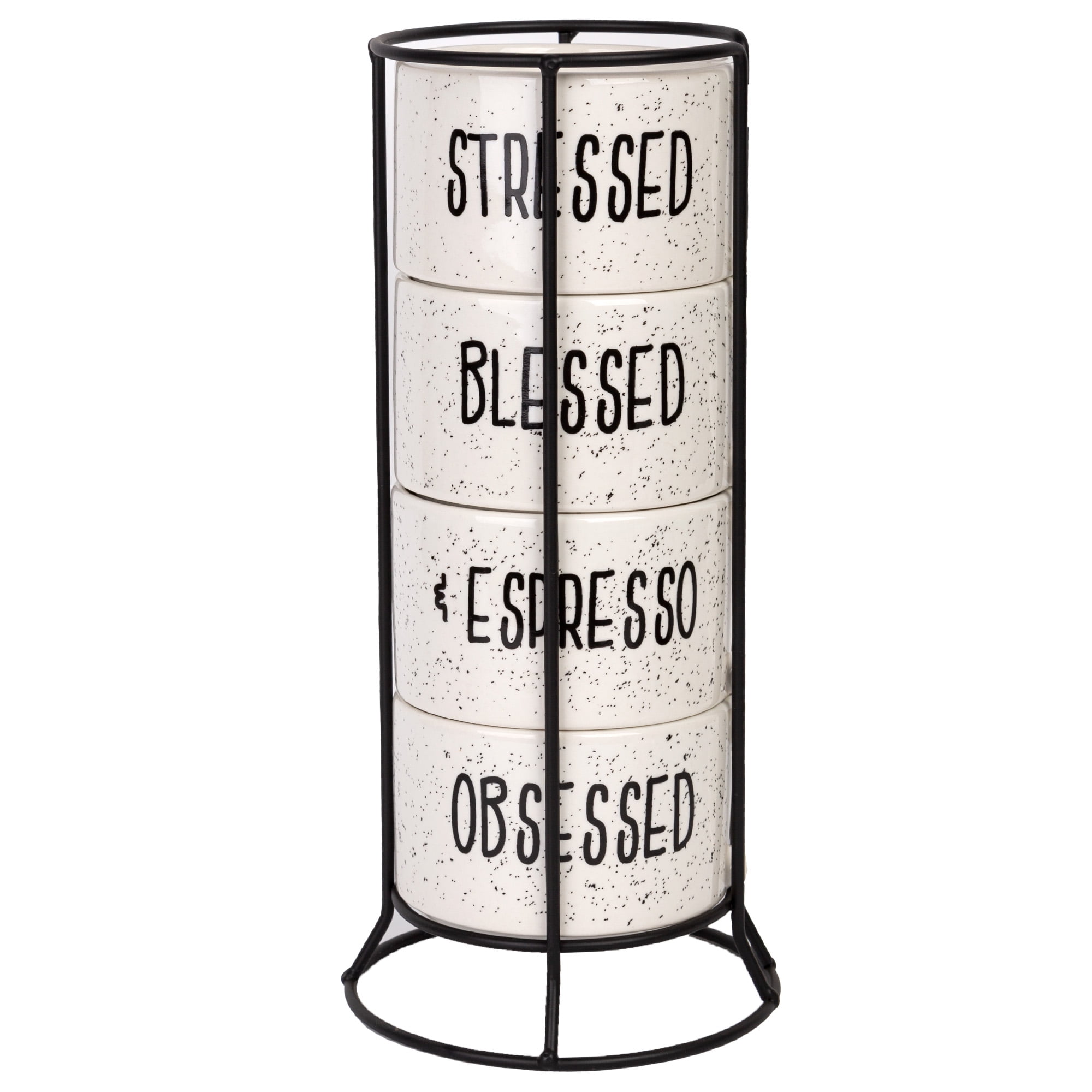 4 8 oz. White and Black Speckled Sentiment Espresso Stoneware Mugs with Rack