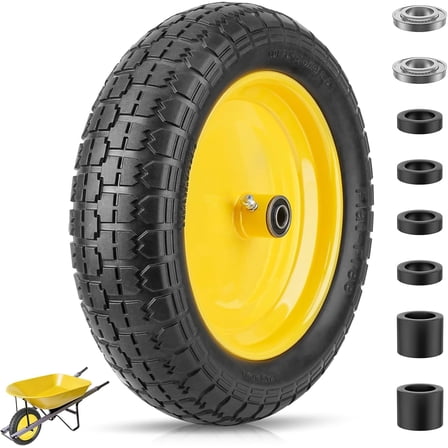 4.80/4.00-8 Tire, 16" Flat Free Wheelbarrow Tire and Wheel, Solid Replacement Tires with 3" Centered Hub, 5/8" 3/4" Bearings, Universal Fit 4.80/4.00-8, 3.50/3.00-8, 4.00-6 (Yellow)