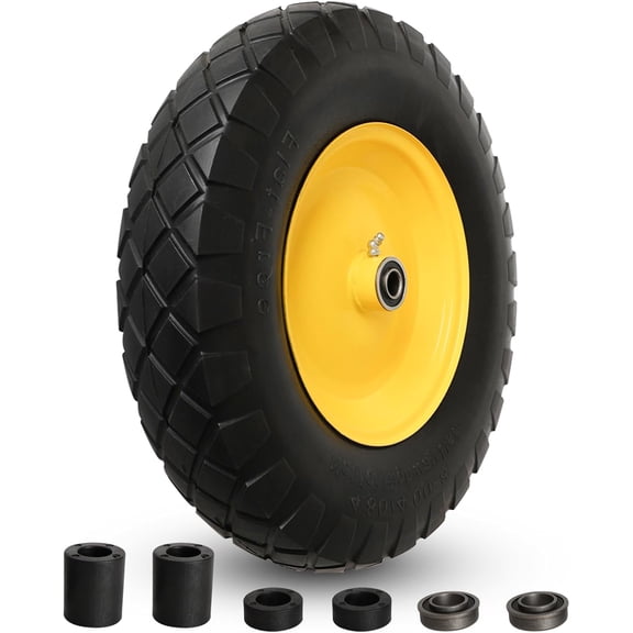 4.80/4.00-8" Tire and Wheel Assembly Set for Wheelbarrows, 5/8" or 3/4" Bore Wheelbarrow Tires for Utility Cart, Wheel Barrel, Wagon, Trailer, Dolly, 16" Flat-Free Wheels, Solid Rubber Tires, 1 Pack