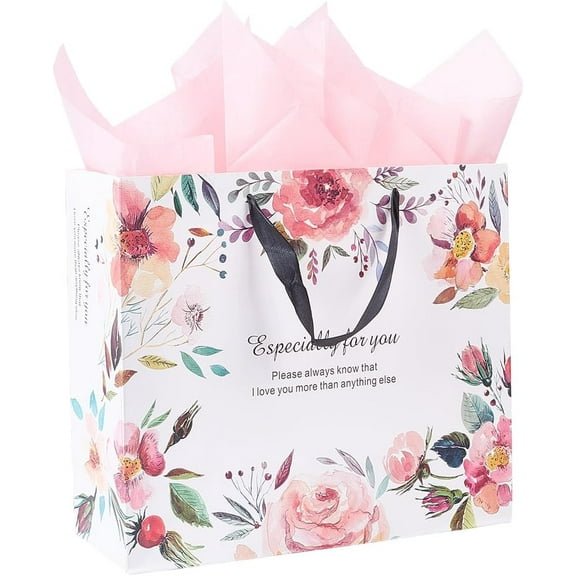 4.80 x 12.60 x 11.02 inch Bridal Shower Gift Bags and Wrapping Paper Floral Pattern Gift Bag with Handles Large Roses Flower Mother's Day Packaging