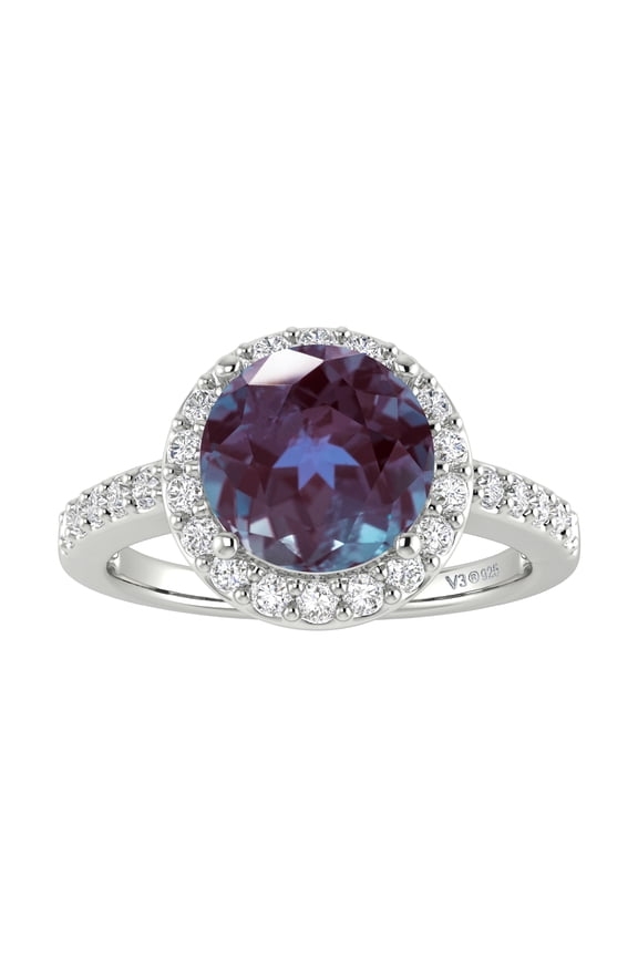 4.85 Carat Round Cut Color Changing Alexandrite and White Topaz Halo Ring in Sterling Silver Women Ring