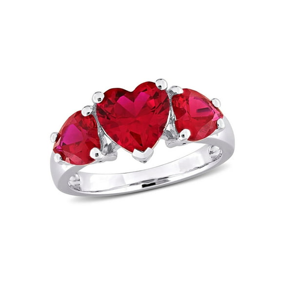 4.86 Carat (Ctw) Lab-Created Three Stone Ruby Heart Ring in Sterling Silver for Women