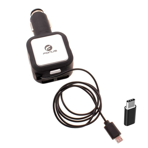 4.8Amp Retractable Car Charger for iPhone 15/Pro/Max/Plus - 2-Port USB USB-C Adapter DC Socket Power Adapter Plug-in