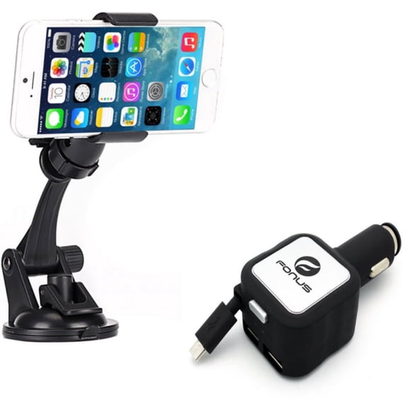 4.8Amp Retractable Charger w Windshield Dash Car Mount for BLU R1 Plus, Life One X3, Tank Extreme Pro (T0010UU), Grand M - CAT S41 - Coolpad Canvas, Illumina, Defiant, REVVL Plus