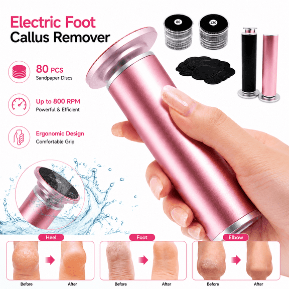 4.8IN Longer Electric Foot Callus Remover, Professional Aluminum Callus Remover for Feet with 80pcs Sandpaper Discs, Stepless Speed Control Pedicure Tools for Dead Skin Calluses (Rose Pink)