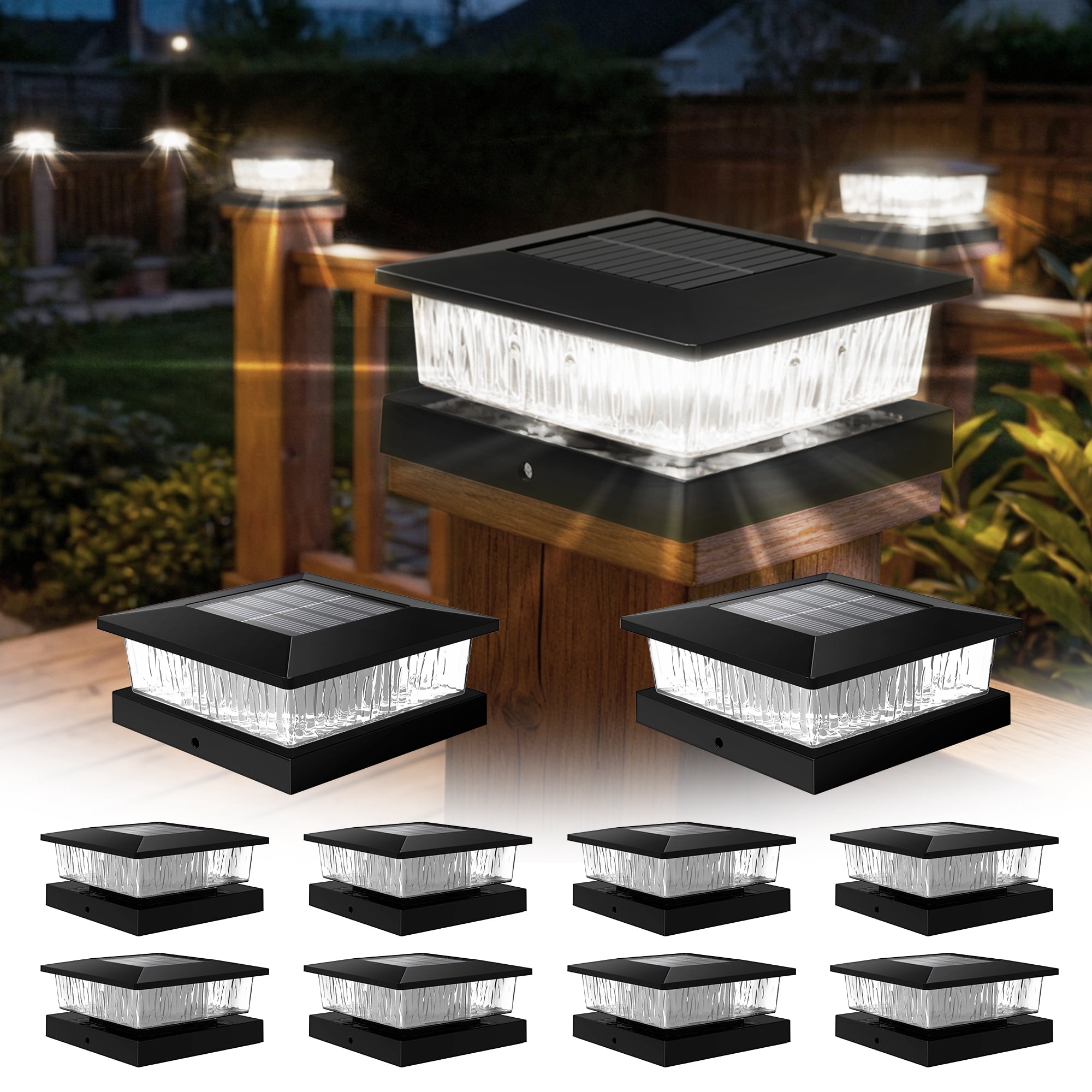 8PK 4”x4“ Solar Post Cap Lights, Fits 4 x 4 Wooden/Vinyl Posts, 32 LED Dual Color Cool White & Warm White, Solar Fence Post Lights 800mAh Outdoor Solar Lights