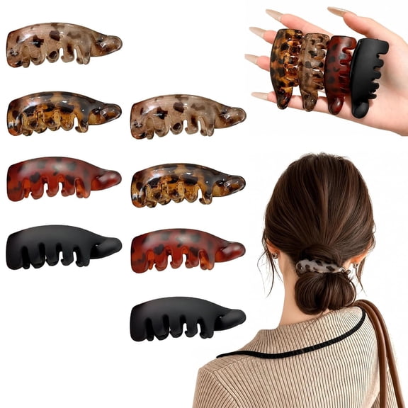 4/8Pack Non-Slip Banana Hair Clip for Women, Lightweight Strong Hold Ponytail Holder with Shark Teeth Design, Retro Leopard Print Vertical Claw Clip for Thin Fine Hair Daily Styling (8PCS)