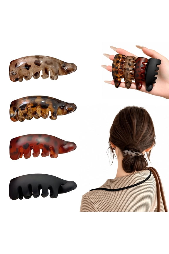 4/8Pack Non-Slip Banana Hair Clip for Women, Lightweight Strong Hold Ponytail Holder with Shark Teeth Design, Retro Leopard Print Vertical Claw Clip