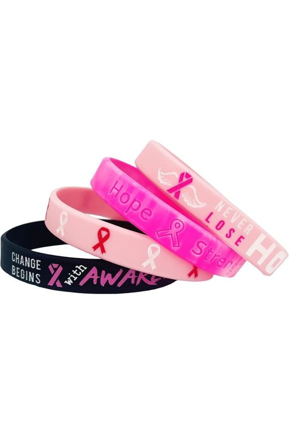 4 - 8Pcs Breast Cancer Awareness Bracelets for Women Men Pink Ribbon Silicone, Crystal, Style A0466