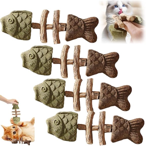 4/8Pcs Natural Fishbone Cat Dental Toy, Enriched with Catnip & Silvervine for Teeth Cleaning, Interactive Chew Toy Promotes Dental Health and Play for Indoor Cats and Kittens