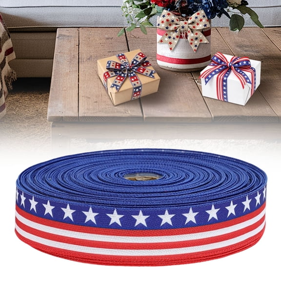 4.8cm x 2m Patriotic Stripe & Star Linen Ribbon - Red White Blue Vertical Stripes with White Stars, American Flag Style Ribbon for 4th of July Wreath Bows, Memorial Day DIY Crafts