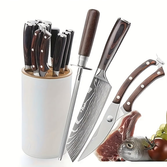 4/8pcs Premium Kitchen Knife Set - High-Carbon Stainless Steel Chef Knife Block with Built-in Sharpener, Includes Chef's, Bread, Fruit Knives & Scissors for Effortless Food Preparation