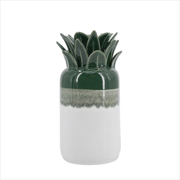 4.9×9.8 in Tall Ombre Green White Pineapple Ceramic Vase, Tropical Glossy Flower Vase for Desk Shelf Mantel Boho Coastal Home Decor