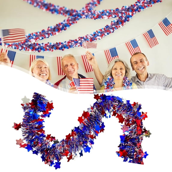 4.9 Ft Patriotic Glitter Tinsel Garland Decoration, Metallic Tinsel Twist Garland, 4th of July Decor Parade Golf Cart Shiny Tinsels for Car Bike Independence Day Memorial Day Decor Star Style