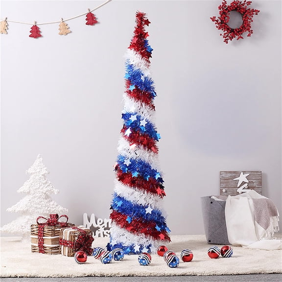 4.9 Ft Patriotic Tinsel Tree Red White Blue Pop Up Christmas Pencil Tree