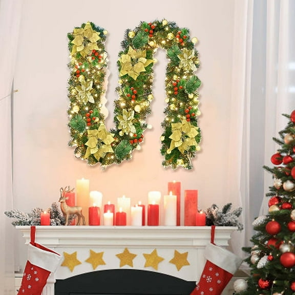 4.9 Ft Pre-lit Christmas Garland with LED Lights Battery Operated, Holiday Decoration Stairs Wall Mantle Door Indoor Outdoor, Decorated with Flower, Balls, Berries, Christmas Collection