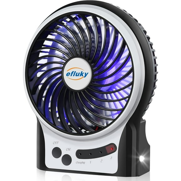 4.9-Inch Mini Desk Fan - 3 Speeds, Rechargeable Battery/USB Powered with LED Light, Quiet Portable Fan for Home, Office, Travel, Camping (Black)