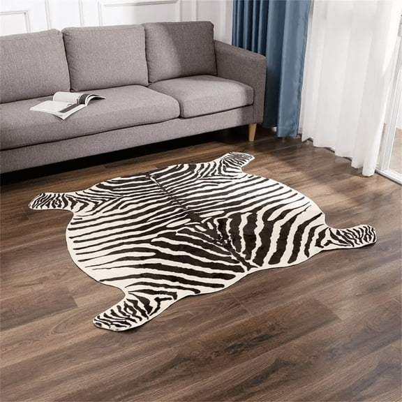4.9'X4.8' Large Zebra Print Carpet Faux Animal Cowhide Skin Rug Hide Leather Floor Mat for Home Office Bedroom Living Room