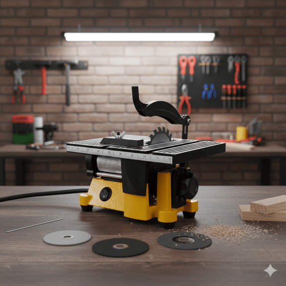 4" 90W Mini Table Saw & Cut Off Miter Saw, 4500 RPM Multifunctional Desktop Saw for Precision DIY Woodworking, Model Making, Frame Molding 3 Blades for Wood, Aluminum, Plastic Compact Portable