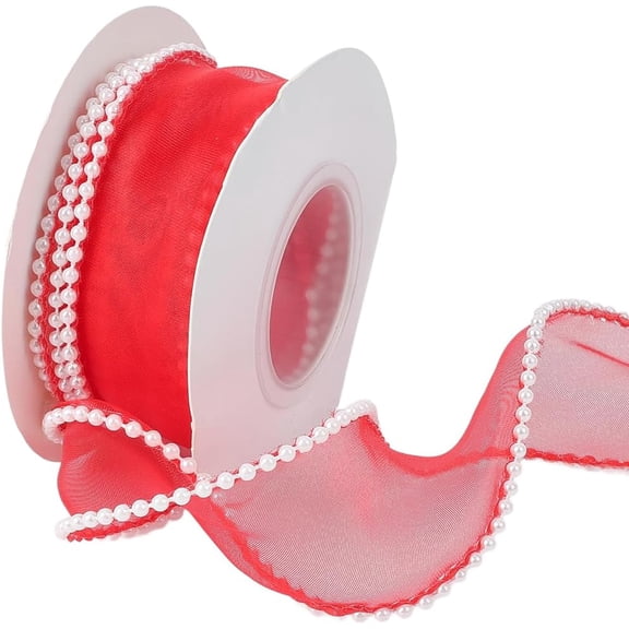 4.92 Yards 1 5/8 Inch Pearl Beads Edge Organza Trim Red Sheer Mesh Bead Fringe Smooth Transparent Polyester Ribbon