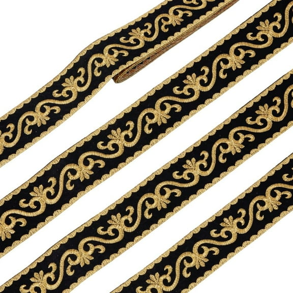 4.92 Yards Floral Trim Jacquard Ribbon 1-7/8 Inch Black Gold Hot Adhesive Floral Trim Iron on Sew on Embroidery Woven Ribbon