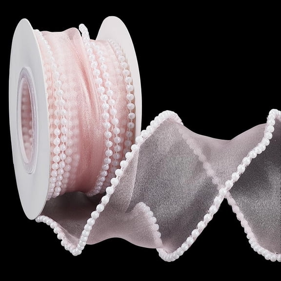 4.92 Yards Pink Sheer Wired Ribbon with Pearl Edges 1-5/8 inch Pearl Edged Sheer Wire Ribbons Wired Ribbon for Tie Making Wreaths Bouquet Gift Wrapping Wedding Bridal Shower Decor