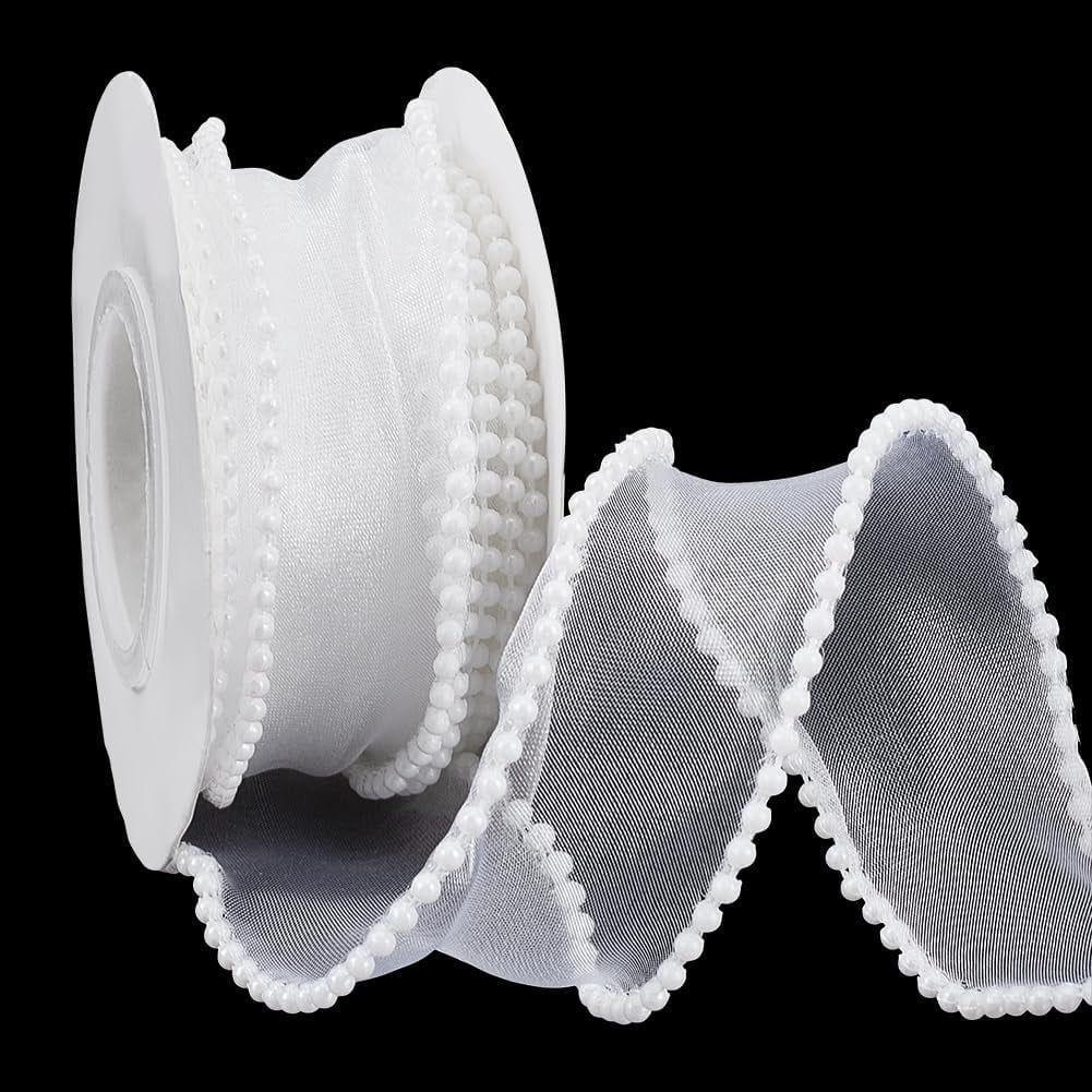 4.92 Yards White Sheer Wired Ribbon with Pearl Edges 1-5/8 inch Pearl ...