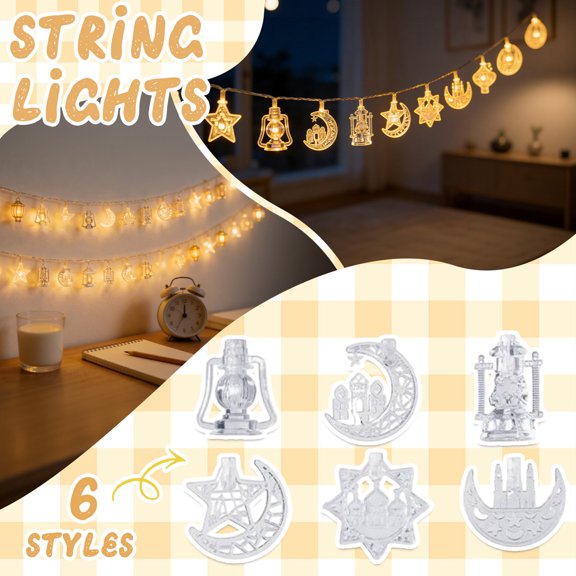 4.92FT 10-Lamp LED String Light Featuring Islamic Elements for Home and Garden, Muslim-Style Warm Color Light String, Battery-Powered LED Eid Al-Fitr Hanging String Lights