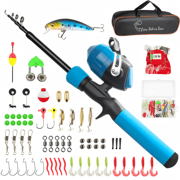 4.92FT Kids Fishing Rod Set, Boys Girls Fishing Pole with Push Button Reel, Lures, Line, Carrier Bag, Fishing Rod Reel Tween Gift Freshwater Saltwater