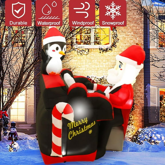 4.92ft Christmas Inflatables Santa Claus Playing Piano Santa Christmas Blow Up with Penguin for Xmas outdoor Holiday Garden Lawn Home Decor Children's Gifts