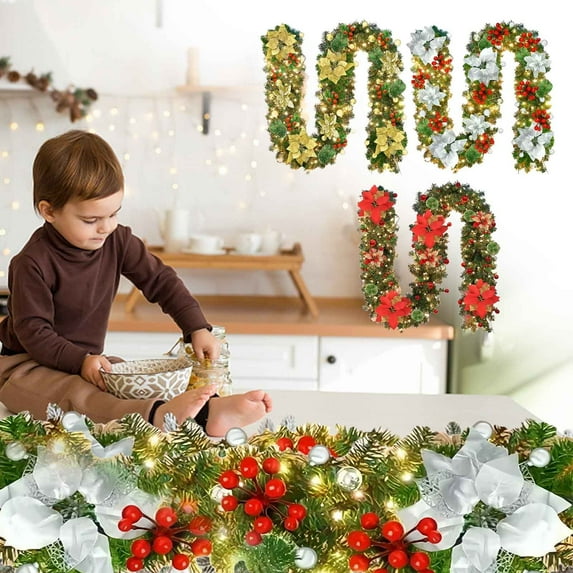 4.92ft Christmas PVC Pine Needle Vine - Mixed with Gold-Red Wreath, Door Hanging Decor with Battery-Operated Lights (Batteries Not Included), Dense Design Boosts Holiday Vibe, Red, 59.05in/150cm
