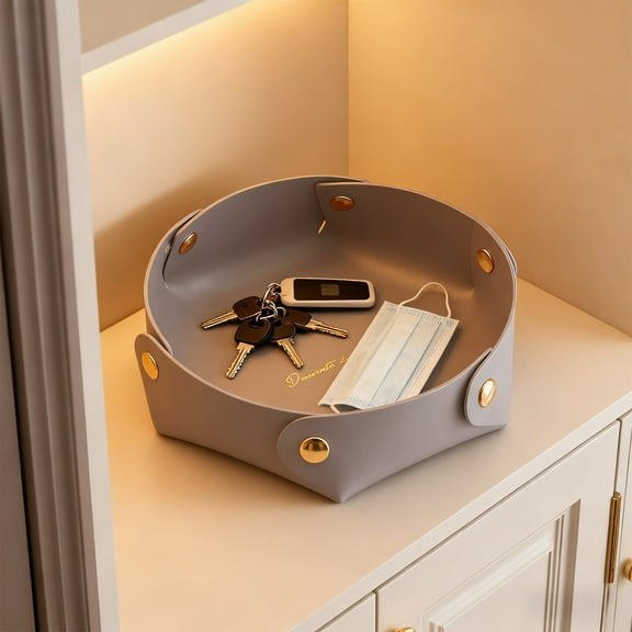 4.92in Faux Leather Foldable Storage Tray PU Multipurpose Organizer Box For Desk Vanity Entryway Office Home Decor