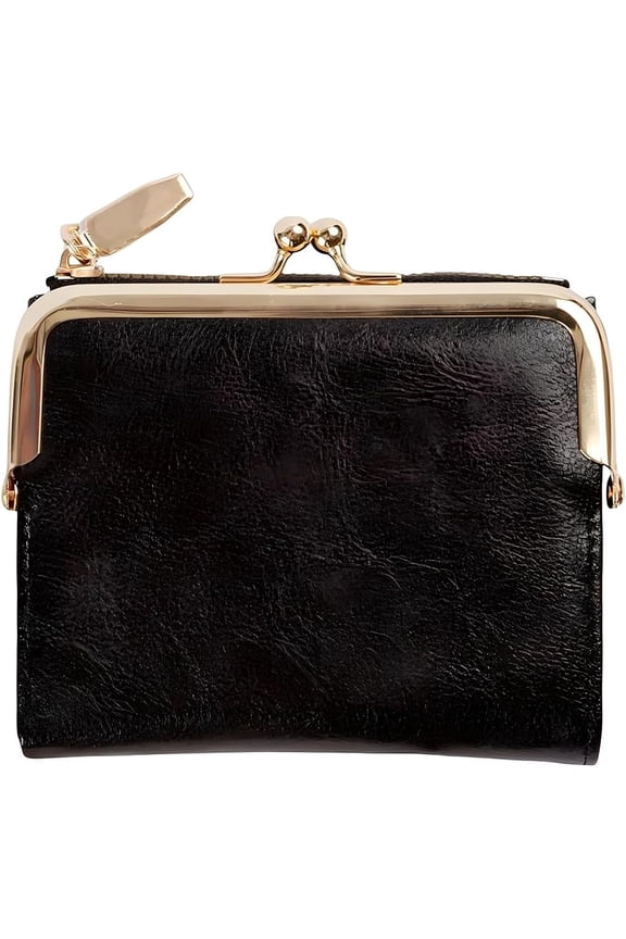 4.96 x 4.37 Inch PU Leather Ladies Kiss Lock Coin Purse With Zipper Small Rectangle Women Wallet RFID Vintage Blocking Bifold Compact Wallet for Women Travel Money Organizer (Black)