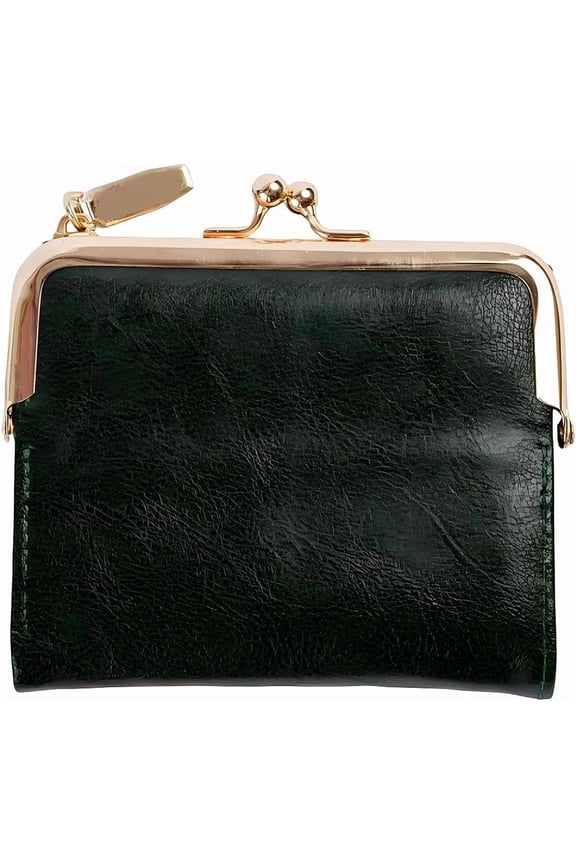 4.96 x 4.37 Inch Small Women Kiss Lock Wallet with Zipper RFID Vintage Blocking Bifold Ladies Compact Wallet Rectangle PU Leather Coin Purse